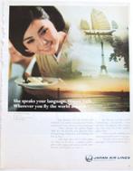 24 vintage reclames Japan Air Lines vliegmaatschappij 66-73, Verzamelen, Luchtvaart en Vliegtuigspotten, Verzenden, Gebruikt, Kaart, Foto of Prent