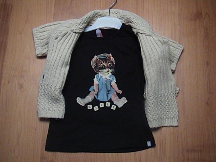 Jilly / jill / shoeby beige vestje + shirt + rok opdruk kat, Kinderen en Baby's, Kinderkleding | Maat 128, Zo goed als nieuw, Meisje