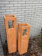 Set van 2 houten Lantaarns | Douglas hout | Sfeer | Robuust, Ophalen, Zo goed als nieuw, Hout, Minder dan 25 cm