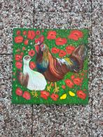 2 kippen met bloemen en gras schilderij zelfgemaakt, Antiek en Kunst, Ophalen