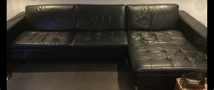 Stijlvolle zwarte lederen hoekbank, Huis en Inrichting, Banken | Bankstellen, Gebruikt, Hoekbank, Vierpersoons of meer, 250 tot 300 cm