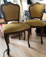 2 Houten eetkamerstoelen, bekleed met velours., Huis en Inrichting, Stoelen, Ophalen, Gebruikt, Overige kleuren, Hout