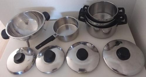 pannenset en vergiet steelpan, Huis en Inrichting, Keuken | Potten en Pannen, Gebruikt, Pannenset, Rvs, Keramische plaat, Ophalen of Verzenden