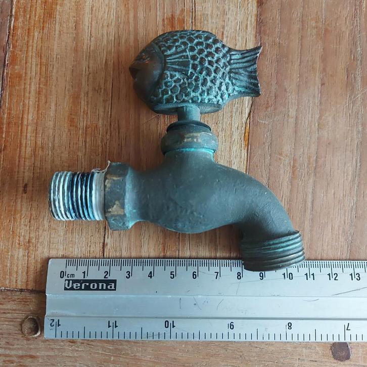 Messing Buitenkraan met Vis - Mooie Patina, Tuin en Terras, Buitenkranen, Gebruikt, Ophalen of Verzenden