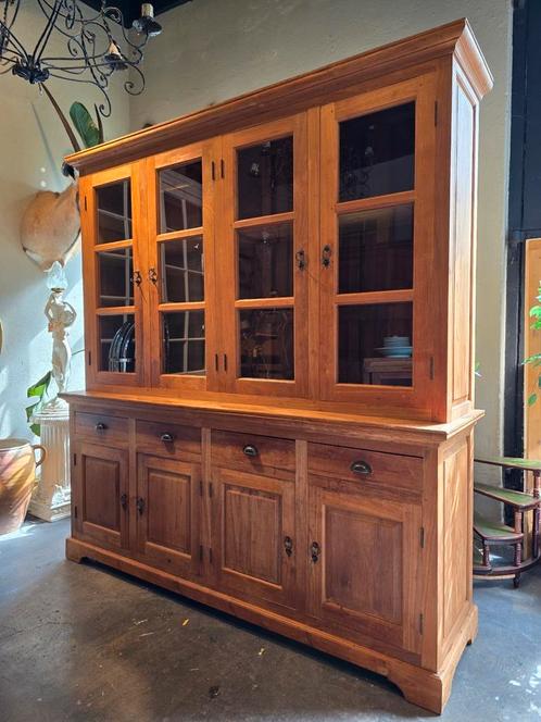 Landelijke teakhouten buffetkast | vitrinekast | keukenkast, Huis en Inrichting, Kasten | Buffetkasten, Gebruikt, 200 cm of meer