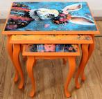 3 oranje bijzettafeltjes, Eclectisch, muizen, haas, tafeltje, Minder dan 45 cm, Minder dan 55 cm, Rond, Ophalen of Verzenden