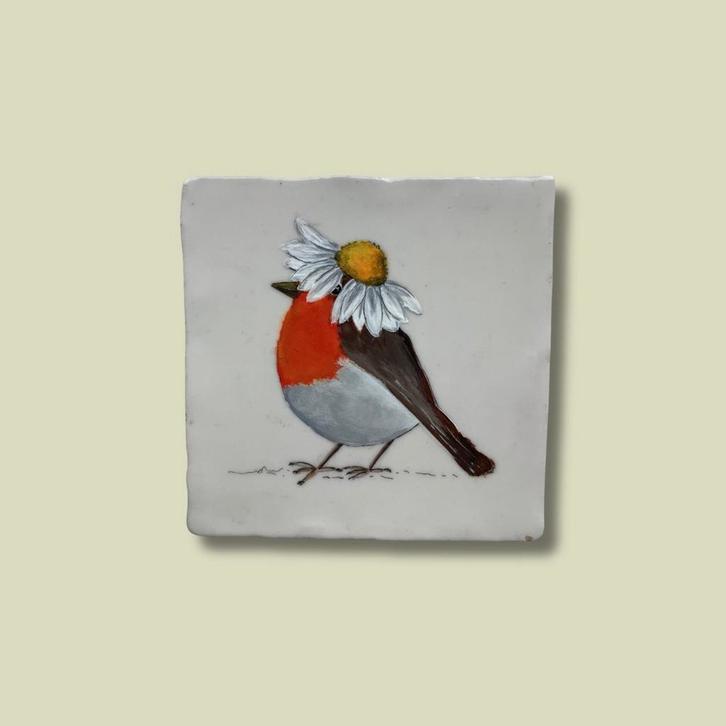 Handbeschilderd tegeltje 'Roodborstje', Antiek en Kunst, Kunst | Overige Kunst, Ophalen of Verzenden