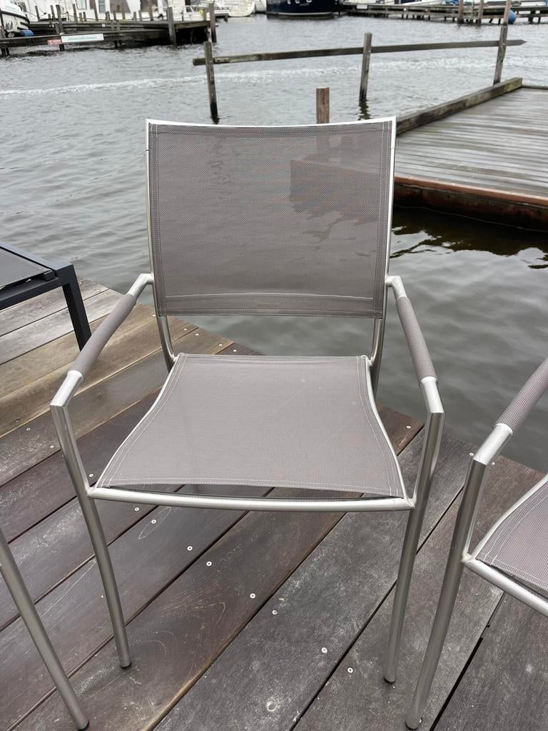 4 gloster tuinstoelen, Tuin en Terras, Tuinstoelen, Gebruikt, Metaal, Stapelbaar, Ophalen