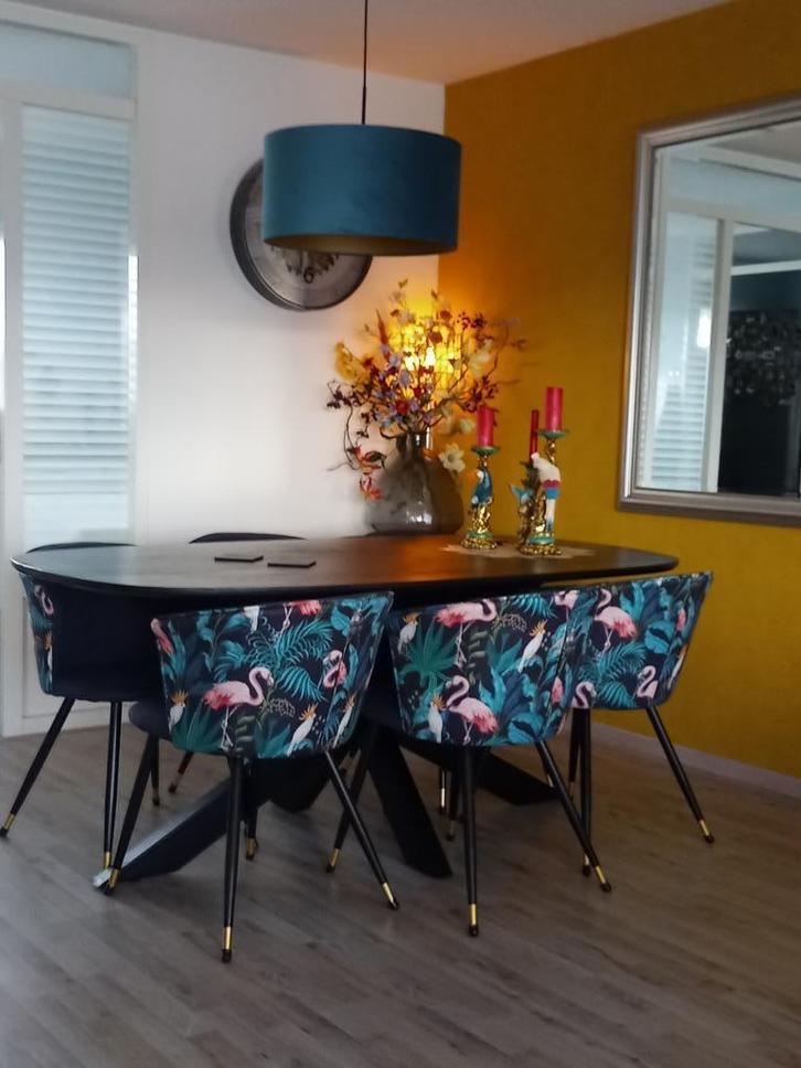 Te koop 6 eclectische eethoek stoelen, Huis en Inrichting, Stoelen, Zo goed als nieuw, Vijf, Zes of meer stoelen, Hout, Stof, Blauw
