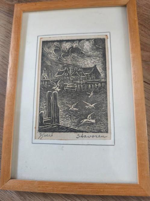 Houtsnede Stavoren Friesland - Sjoerd de Vries, Antiek en Kunst, Kunst | Etsen en Gravures, Ophalen of Verzenden