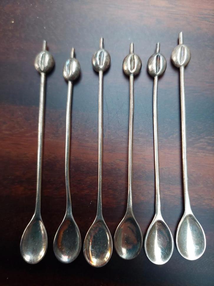 Zes verzilverde  Koffielepeltjes met Koffieboon Design, Antiek en Kunst, Antiek | Bestek, Ophalen of Verzenden