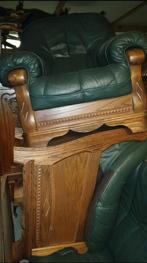 2 eikenhout leder fauteuils met bank, Huis en Inrichting, Fauteuils, Ophalen, Gebruikt, 75 tot 100 cm