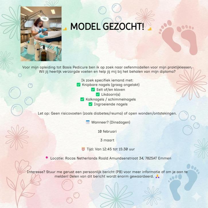 Pedicure modellen gezocht omgeving Emmen, Vacatures, Vacatures | Modellen, Overige niveaus, Starter, Overige vormen, Overige uren