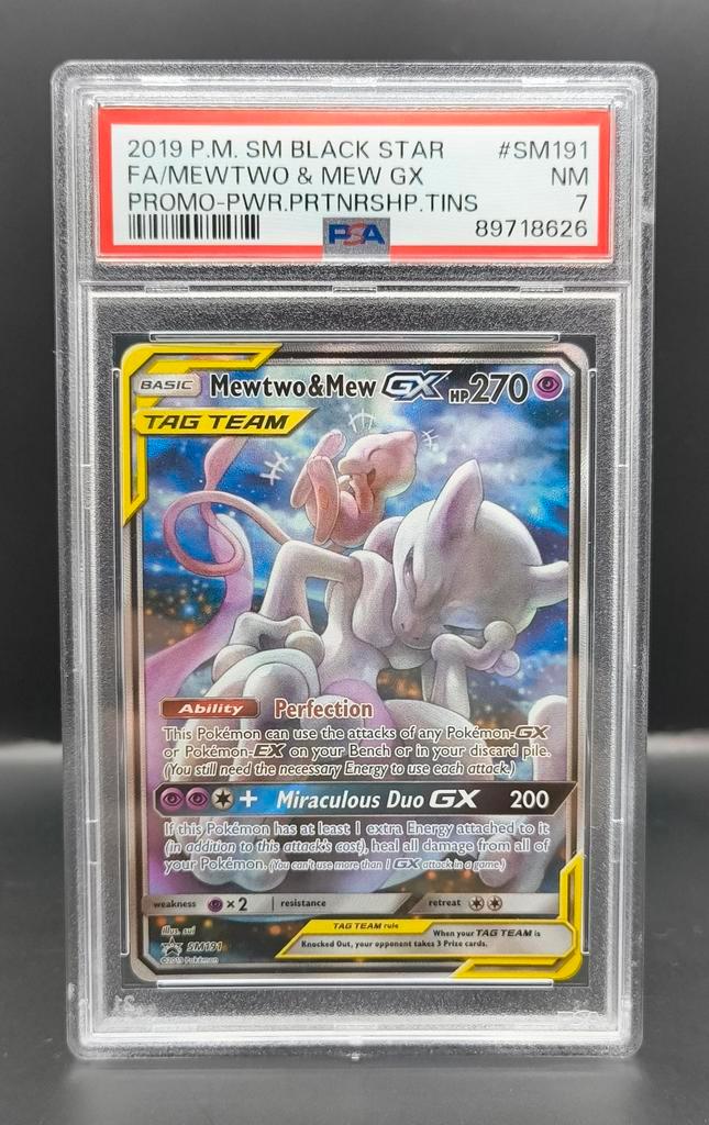 Mewtwo & Mew GX SM191 PSA 7, Hobby en Vrije tijd, Verzamelkaartspellen | Pokémon, Zo goed als nieuw, Ophalen of Verzenden