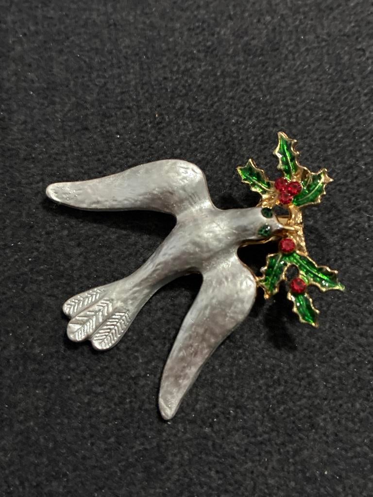 Vintage Vogel Broche met Hulst - vredes duif, 4 tot 7 cm, Gebruikt, Ophalen of Verzenden, Zilver