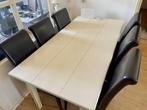 Houten eethoek met 6 leren stoelen, Huis en Inrichting, Banken | Complete zithoeken, Ophalen, Zo goed als nieuw, Hout, Beige en Bruin