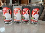 Coca Cola glazen, 4 stuks, met vintage print, 14,5 cm hoog, Ophalen, Zo goed als nieuw, Frisdrankglas