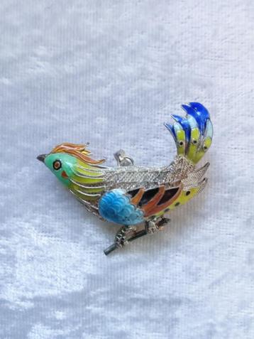 Mooie Zilver Ge emailleerde Hanger /Broche - Paradijsvogel 2 beschikbaar voor biedingen