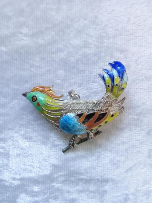 Mooie Zilver Ge emailleerde Hanger /Broche - Paradijsvogel 2, Sieraden, Tassen en Uiterlijk, Antieke sieraden, Broche, Zilver