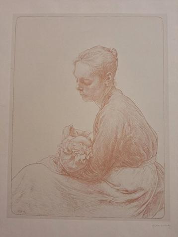 Lithografie van moeder en kind door Hj Haverman beschikbaar voor biedingen