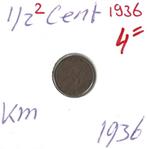 halve 1/2 cent 1936 Wilhelmina (zie scans) 2, Koningin Wilhelmina, Overige waardes, Ophalen of Verzenden