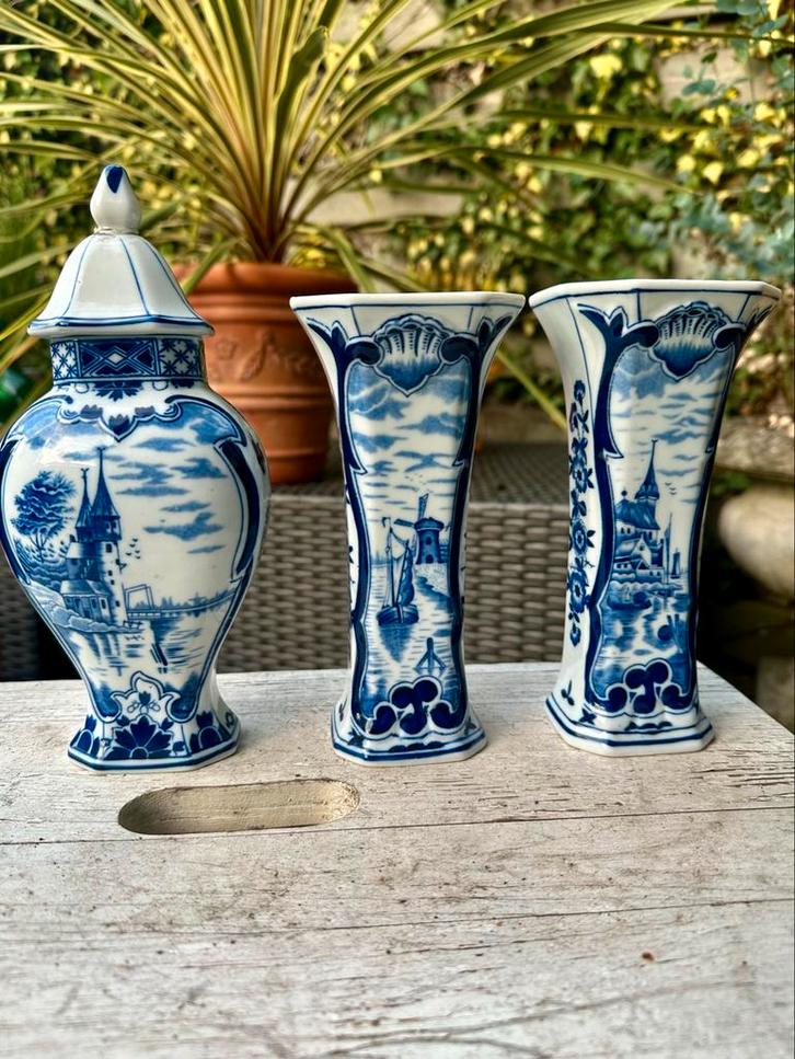 Antiek Delfts Blauw Kaststel - 3 Delig, Antiek en Kunst, Antiek | Vazen, Ophalen