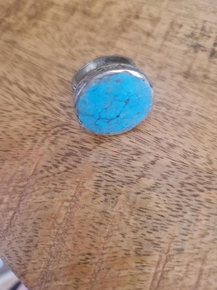 Turqoise ring maat 18. Tibetaans zilver., Sieraden, Tassen en Uiterlijk, Antieke sieraden, Ring, Zilver, Met edelsteen, Ophalen of Verzenden
