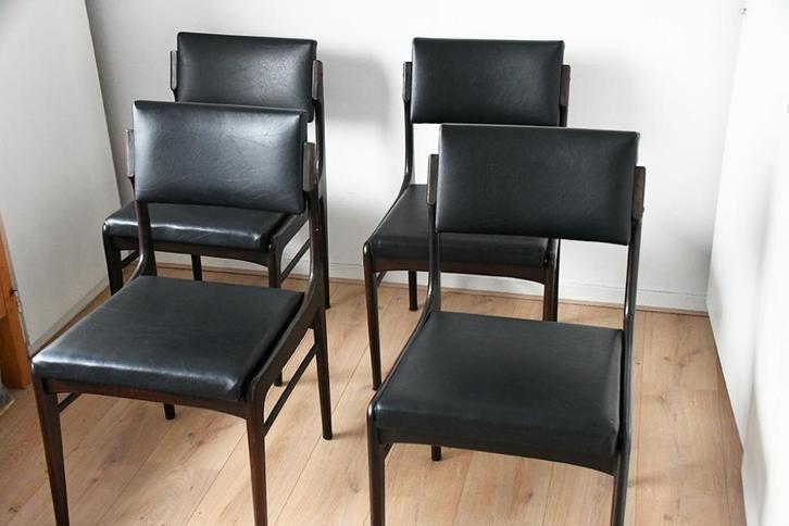 Vintage palissander jaren 60 houten eetkamer stoelen, Huis en Inrichting, Stoelen, Zo goed als nieuw, Vier, Hout, Zwart, Ophalen