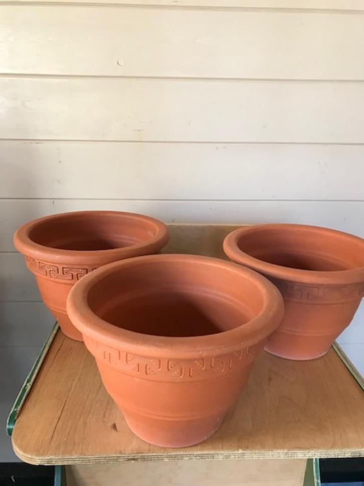 3 terra cotta bloempotten plus schotels, Tuin en Terras, Bloempotten, Nieuw, Terracotta, Balkon, Tuin, Minder dan 40 cm, Minder dan 25 cm