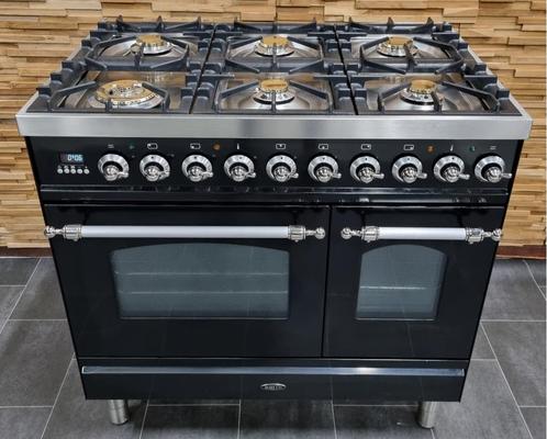 🔥 Luxe Fornuis Boretti 90 cm hoogglans zwart rvs 2 ovens, Witgoed en Apparatuur, Fornuizen, Zo goed als nieuw, Vrijstaand, Gas