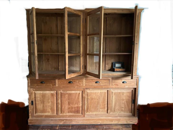 houten vitrine kast met glazen deuren (HBD:210/203/47), Huis en Inrichting, Kasten | Vitrinekasten, Zo goed als nieuw, 200 cm of meer