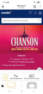 Chanson 11 april 19.30 1 kaartje, Tickets en Kaartjes, Concerten | Overige, Eén persoon, April