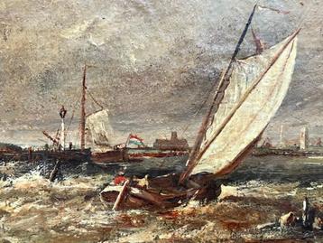 Olieverf op paneel 19e eeuw zeilboten storm Zuiderzee beschikbaar voor biedingen