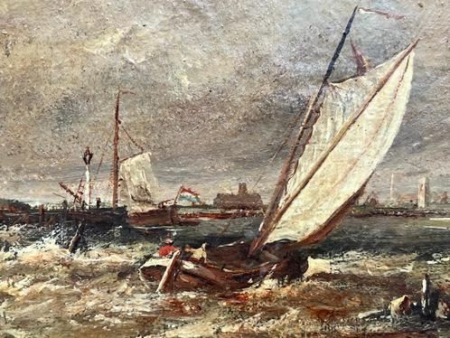 Olieverf op paneel 19e eeuw zeilboten storm Zuiderzee, Antiek en Kunst, Kunst | Schilderijen | Klassiek, Ophalen of Verzenden