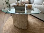 Vintage travertine salontafel met glasplaat / coffee table, Huis en Inrichting, Tafels | Salontafels, 50 tot 100 cm, Minder dan 50 cm