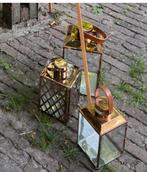 Bronzen windlicht met leren handvat, Nieuw, Ophalen of Verzenden, Bruin, Brons of Koper