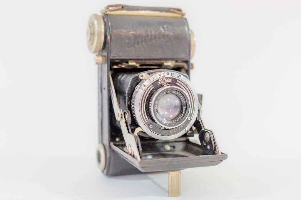 Balda Jubilette antieke analoge fotocamera uit 1938, met tas, Ophalen of Verzenden, Gebruikt, Spiegelreflex, Overige Merken