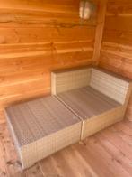 Leuke loungestoel met houten dienblad, Tuin en Terras, Kunststof, Gebruikt, Loungeset, Hocker