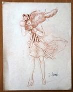 A493-83 Oude tekening Vrouw met opwaaiende jurk, Antiek en Kunst, Kunst | Tekeningen en Foto's, Ophalen of Verzenden