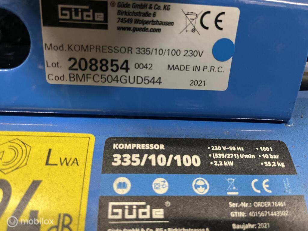 Güde 335/10/100 Industriële luchtcompressor 10 bar Bwjr 2021, Doe-het-zelf en Verbouw, Compressors, Gebruikt