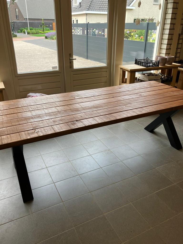 tuintafel 240x100 met zwart metalen X poten, Ophalen, Nieuw, Rechthoekig, Hout