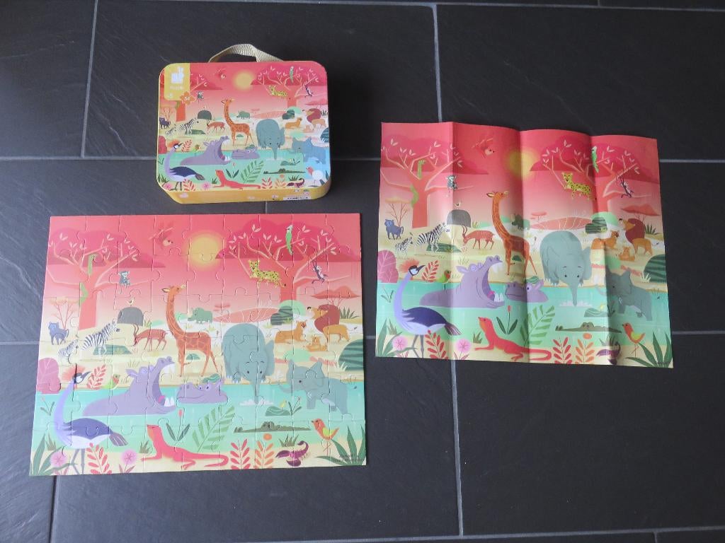 Janod puzzel safari 54stukjes in koffer met poster., Ophalen of Verzenden, Meer dan 50 stukjes, Zo goed als nieuw, 4 tot 6 jaar