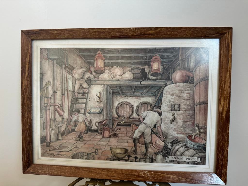 Anton Pieck prent in originele houten lijst, Ophalen of Verzenden