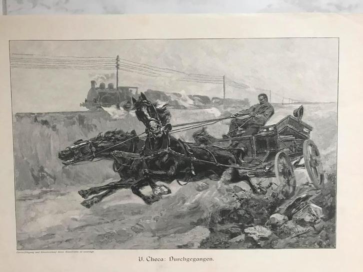 U. Checa: Durchgegangen, 1891, or. gravure, 32x21cm. Mooi!, Antiek en Kunst, Kunst | Etsen en Gravures, Ophalen of Verzenden