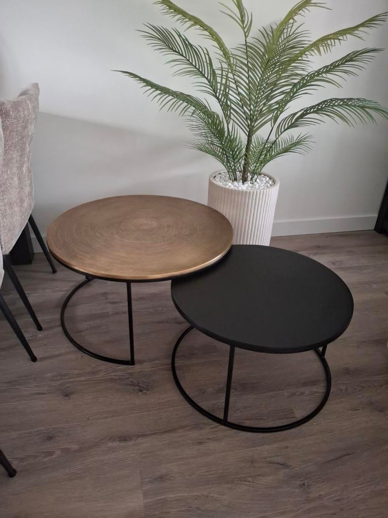 Salontafel set 2 delig  Goud/zwart, Ophalen, 50 tot 100 cm, Rond, 50 tot 100 cm