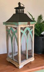 Houten lantaarn 65 cm windlicht ibiza beach turquoise wit, Huis en Inrichting, Woonaccessoires | Kandelaars en Kaarsen, 50 tot 75 cm