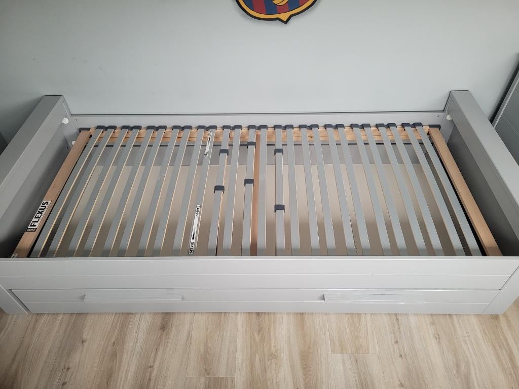 Woood bed Dennis met lade lichtgrijs, Ophalen, 90 cm, Eenpersoons, Zo goed als nieuw
