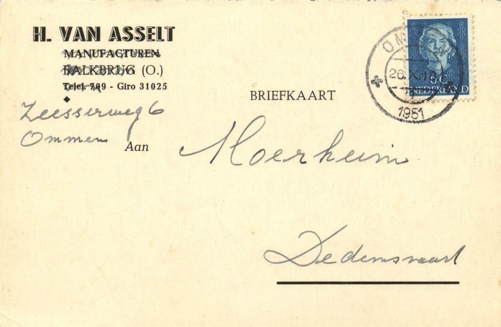 H. van Asselt Balkbrug [O.] - Ommen - 10.1951 - briefkaart, Ophalen of Verzenden, Briefkaart