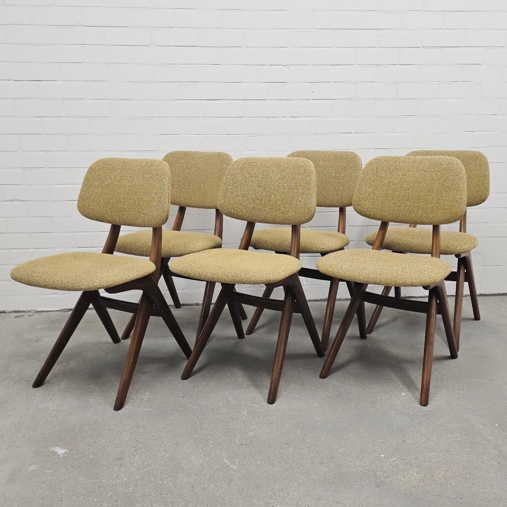 Zes vintage scissor chairs Louis van Teeffelen stoelen, Ophalen, Overige kleuren, Stof, Vijf, Zes of meer stoelen