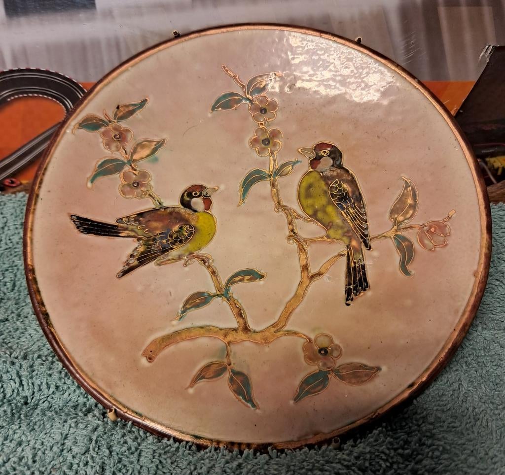 Antiek bordje met vogels, Ophalen of Verzenden